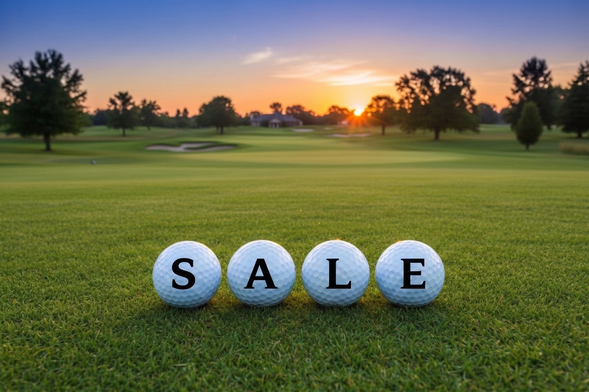 Generated image of 4 golf balls on a golf course each with a letter to spell out 'SALE'