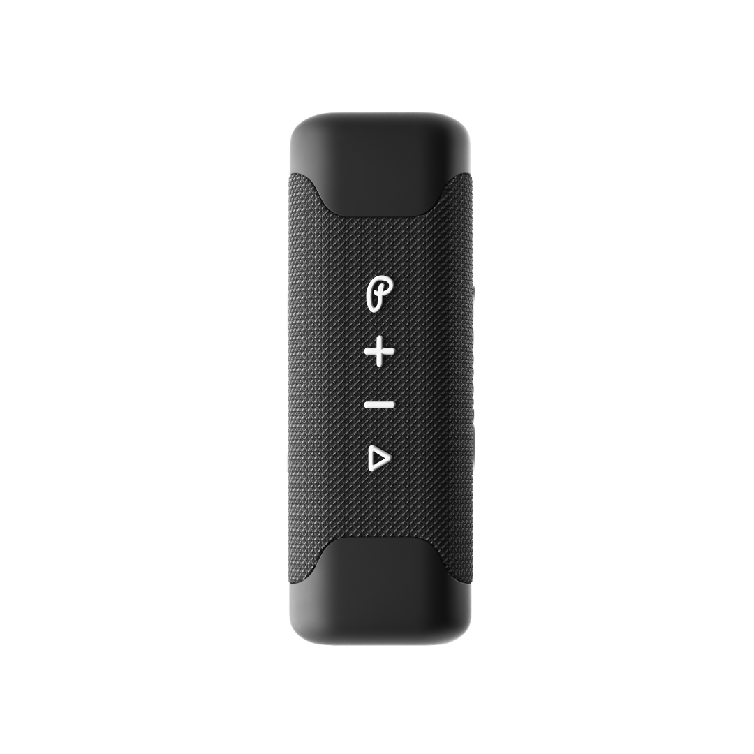 Black portable speaker with white media control buttons on a white background