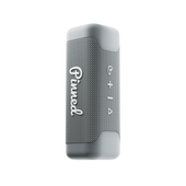 Gray portable speaker with 'Pinned' branding in white on a white background