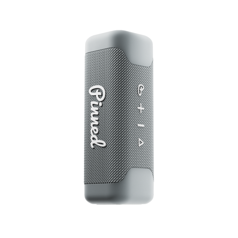 Gray portable speaker with 'Pinned' branding in white on a white background