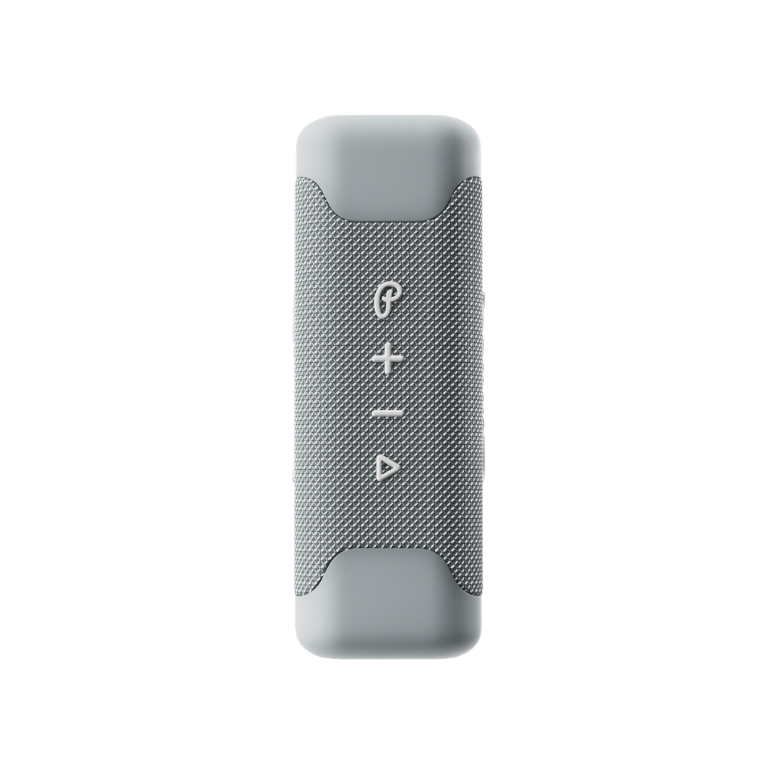 Gray portable speaker with white media control buttons on a white background