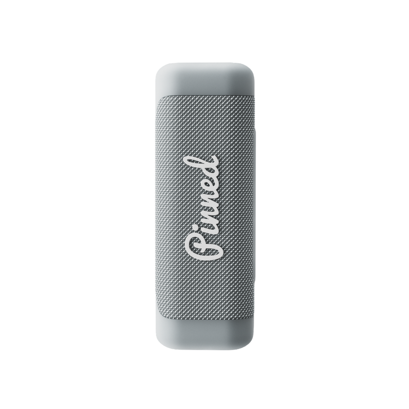 Gray portable speaker with 'Pinned' branding in white on a white background