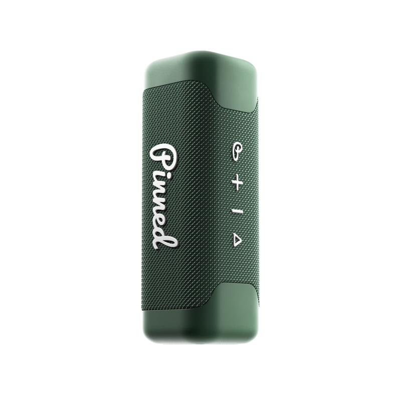 Green portable speaker with 'Pinned' branding in white on a white background