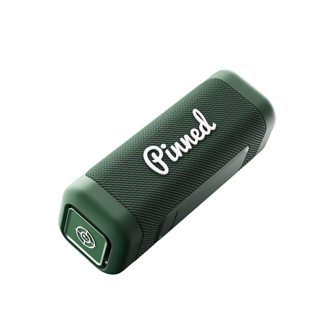 Green speaker with 'Pinned' branding in white on a white background