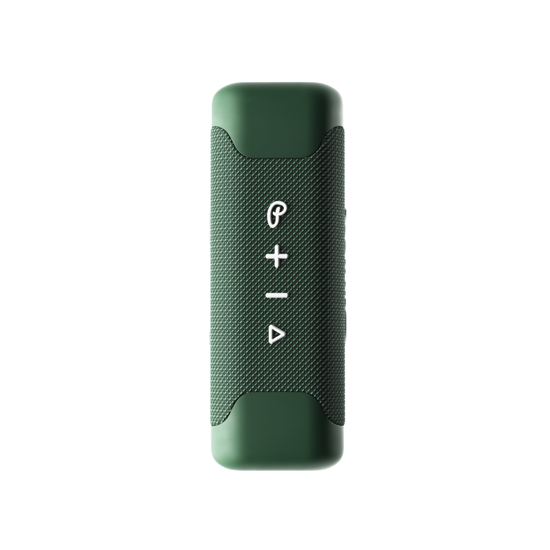 Green portable speaker with white media control buttons on a white background