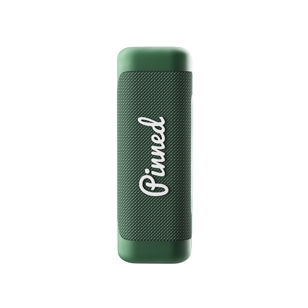 Green speaker with 'Pinned' branding in white on a white background