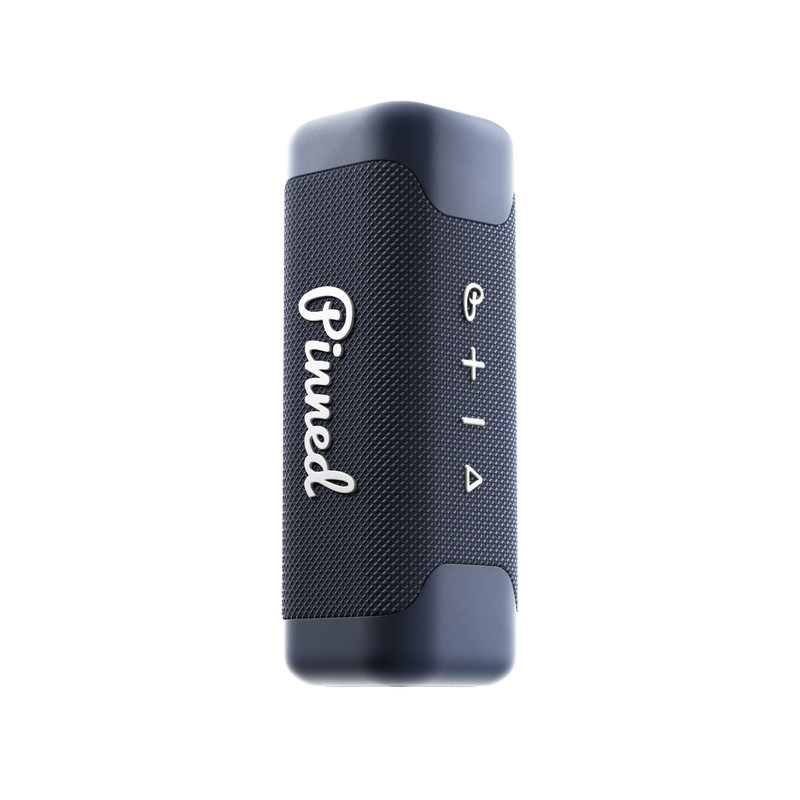 Navy blue portable speaker with 'Pinned' branding in white on a white background