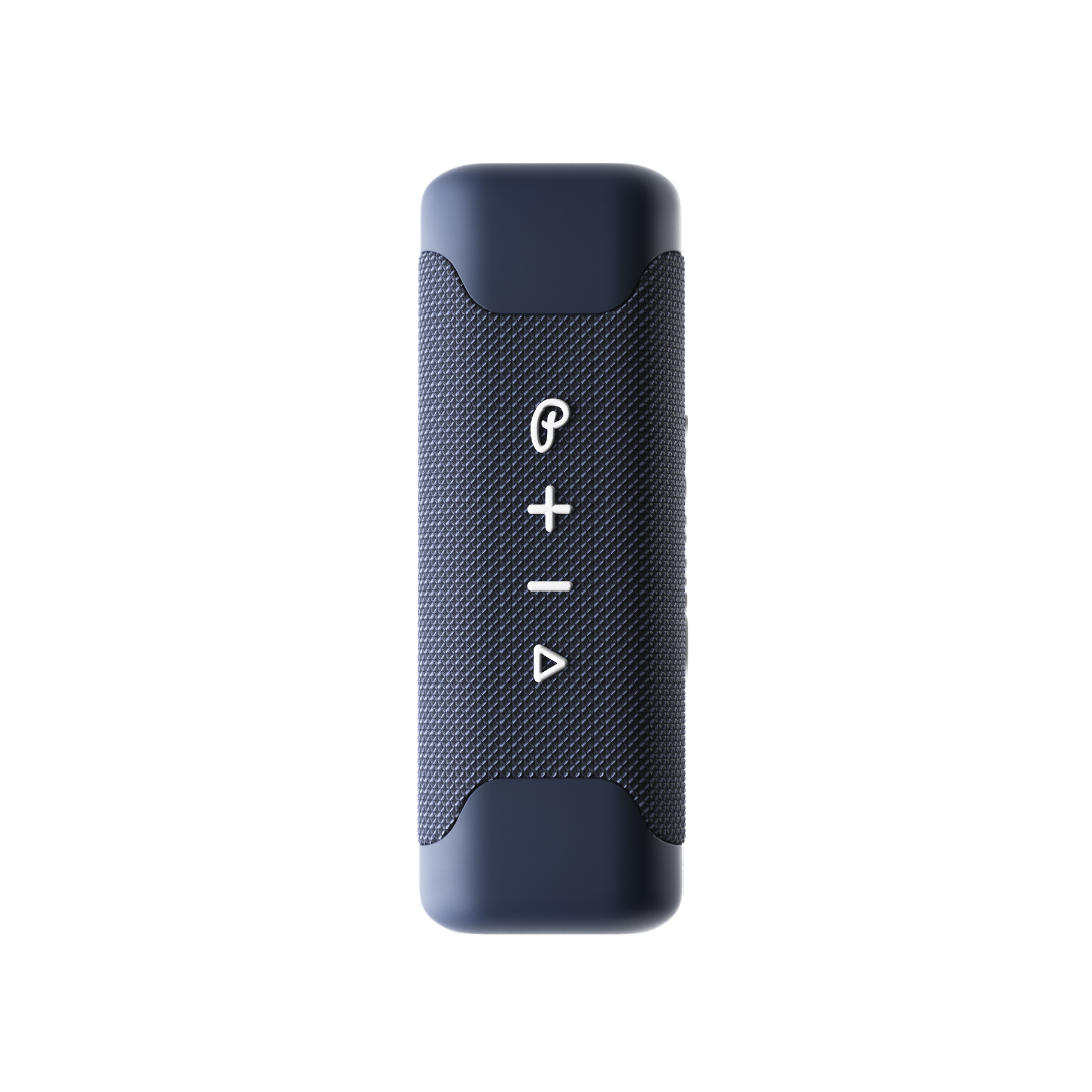 Navy blue speaker with white media control buttons on a white background