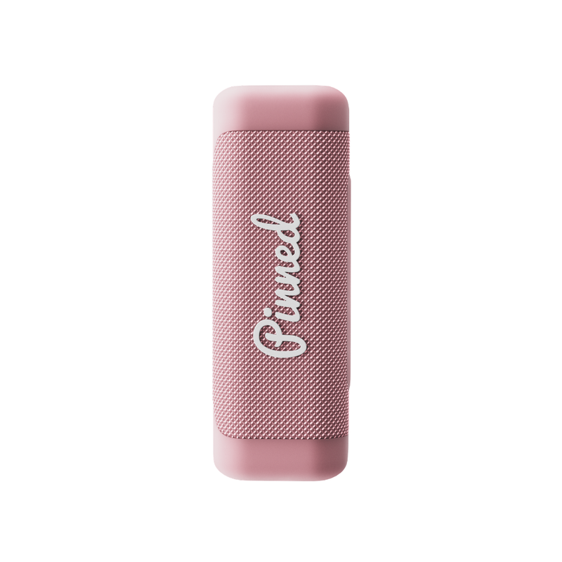 Pink portable speaker with 'Pinned' branding in white on a white background