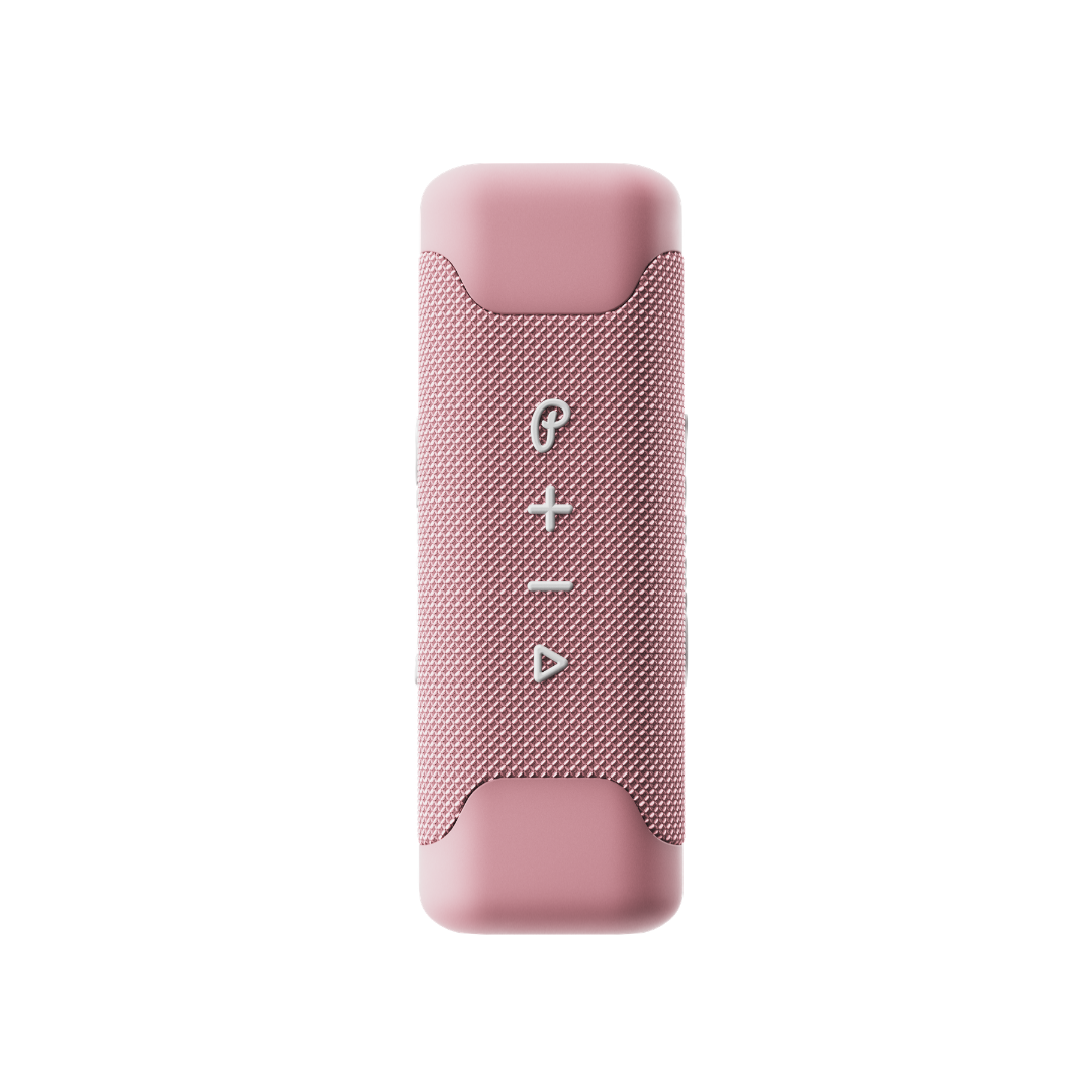 Pink portable speaker with white media control buttons on a white background