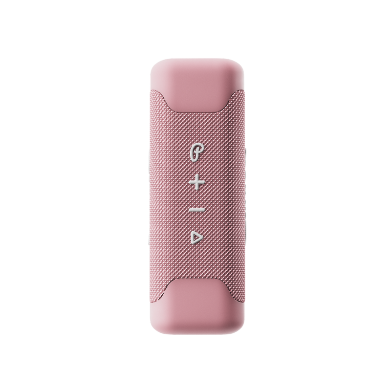 Pink portable speaker with white media control buttons on a white background