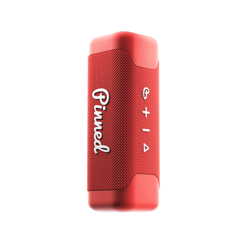 Red portable speaker with 'Pinned' branding in white on a white background