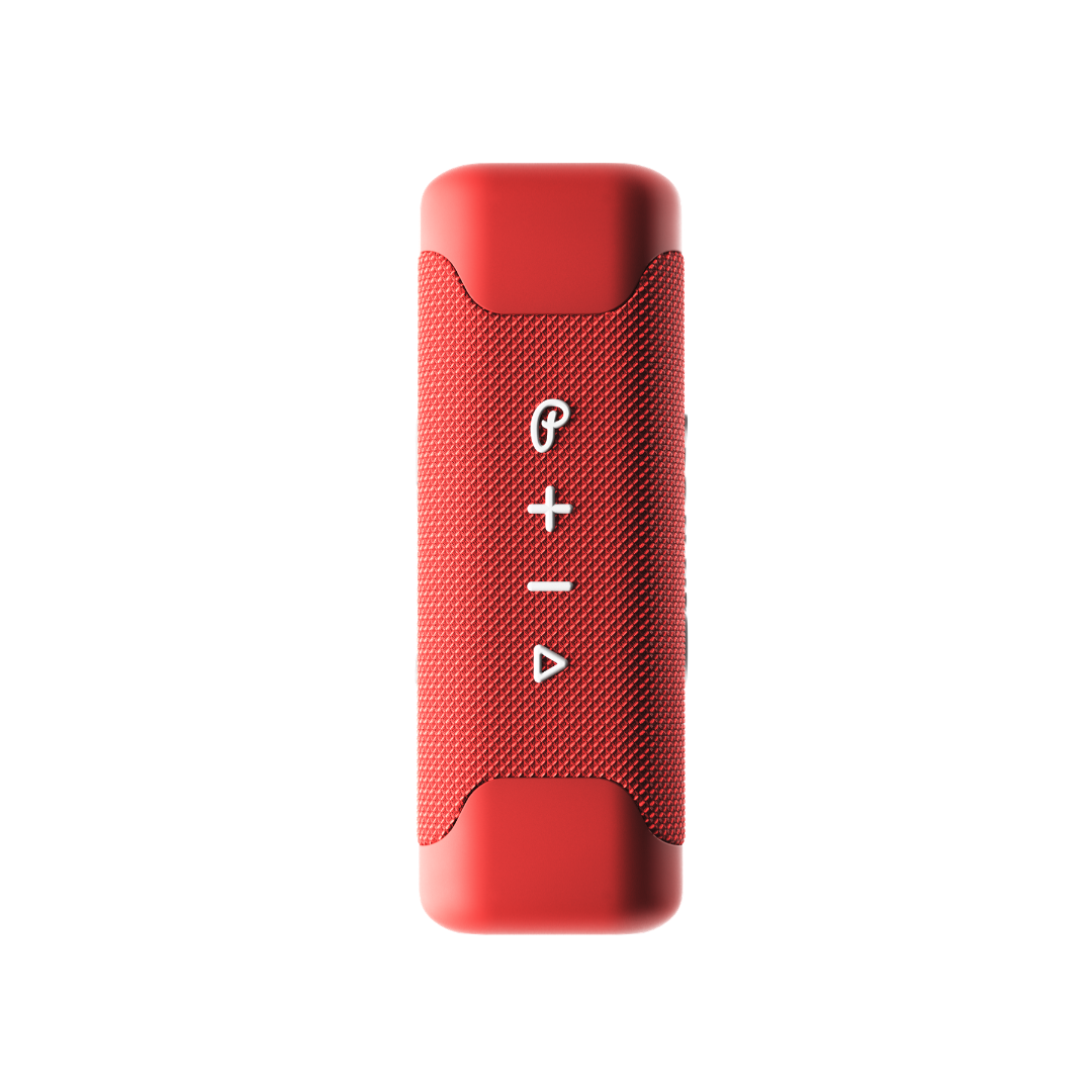 Red portable speaker with white media control buttons on a white background